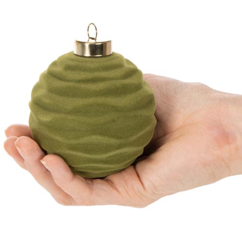 Karácsonyfadísz, bársony hatású, zöld, texturált keverék, 8 cm, 12 darab. Karácsonyfadísz, mohazöld színű, műanyag gömbdíszek, mohazöld színű. Pamutzsinór minden gömbhöz mellékelve. | Floristik24.hu