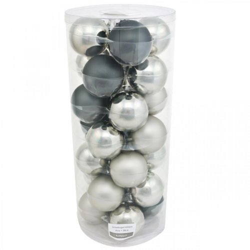 tételeket Karácsonyi labda, karácsonyfa medál, fadísz fekete/ezüst/gyöngyház H6,5cm Ø6cm valódi üveg 24 db