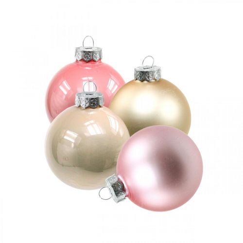 Karácsonyi labdák üveg Ø4cm rózsaszín, krém keverék H4,5cm 24db