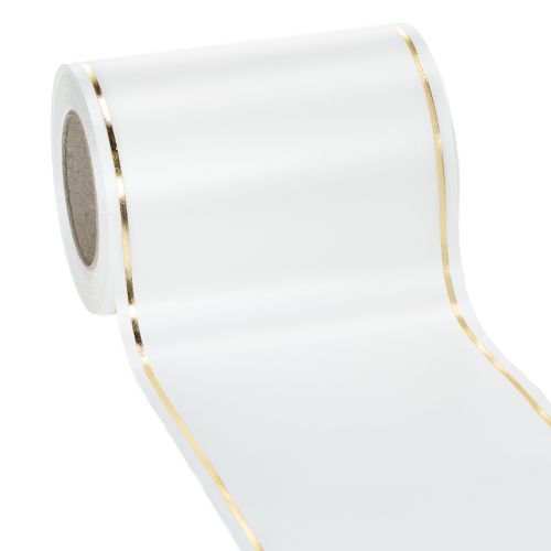 Floristik24 Fehér koszorú szalag arany szegéllyel számítógépes nyomtatáshoz, szatén szalag, vízálló, 25m x 125mm