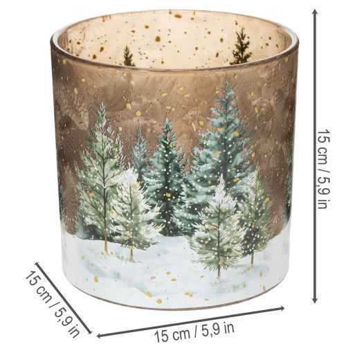 Üveg mécsestartó fenyőerdő mintával, téli dekorációval, 15cm | Floristik24.hu
