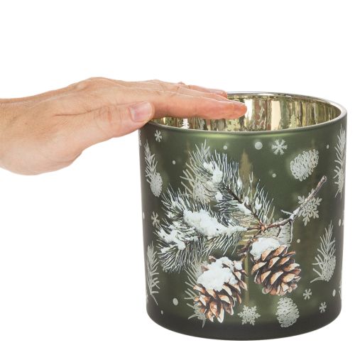 Üveg mécsestartó fenyőtobozokkal és hópelyhekkel, 15 cm | Floristik24.hu