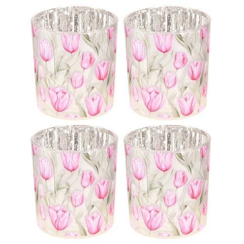 tételeket Dekoratív üveglámpás tulipán mintával tavaszi otthoni dekorációhoz, 8 cm, 4 darab.
