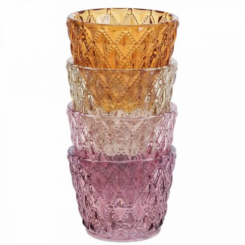 Floristik24 Lámpás üveg teamécses tartó gyémánt mintás Ø7,5cm H6cm 4db