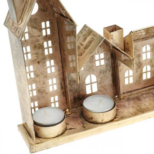 Floristik24 Karácsonyi dioráma, fém dekoráció világítással, világos házak arany színű, vintage megjelenés 67,5 cm H20 cm