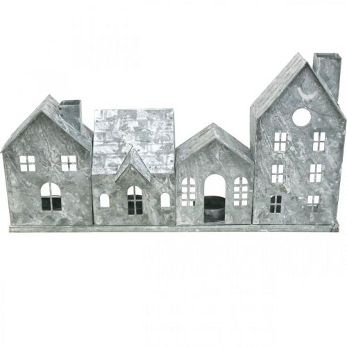 Floristik24 Világos házak, fém lámpás, ablakdísz, advent, ezüst kopott sikkes L37,5cm H20cm