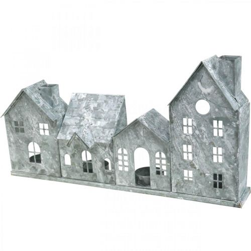 Floristik24 Világos házak, fém lámpás, ablakdísz, advent, ezüst kopott sikkes L37,5cm H20cm