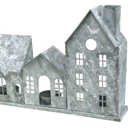 Floristik24 Világos házak, fém lámpás, ablakdísz, advent, ezüst kopott sikkes L37,5cm H20cm