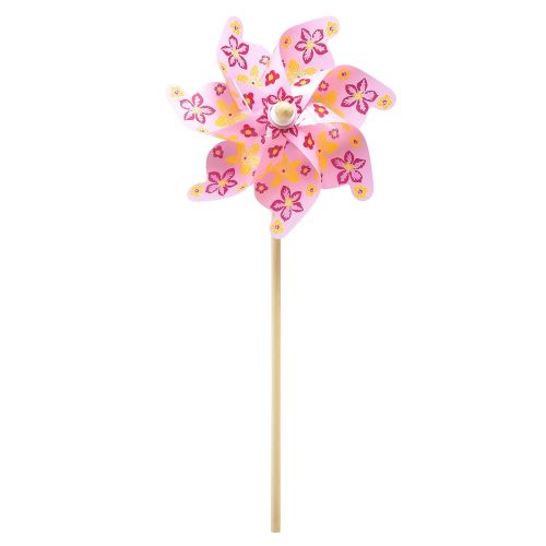 Kerekes pálcán szélmalom dekoráció rózsaszín sárga Ø30,5cm 74cm