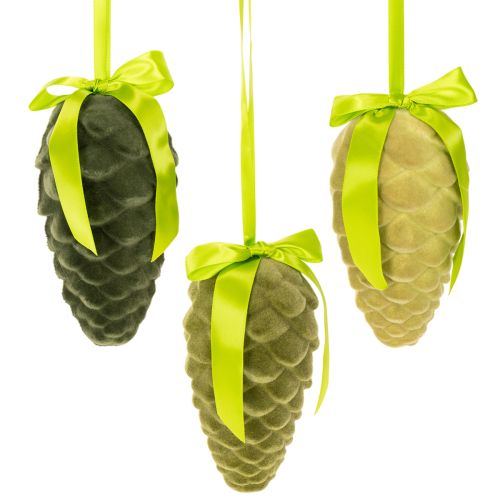 Dekoratív fenyőtobozok felakasztásra, bolyhosított fenyőtobozok szalaggal és masnival, 18 cm, 3 darab vétel | Floristik24.hu