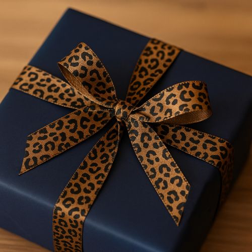 tételeket Leopárdmintás selyemszalag, barna, fekete, 15 mm, 18 m