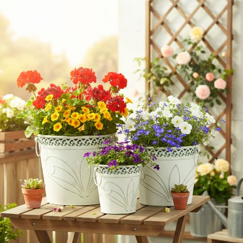Dombornyomott fém virágtartó fülekkel, fehér és zöld, shabby chic stílus, M22/19,5/17,5cm, Ø25,5/20,5/15,5cm, 3 db-os szett | Floristik24.hu