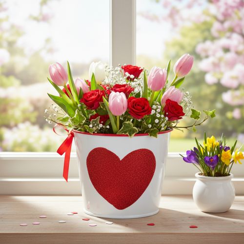 Fehér virágcserép piros szívvel, ültető, Ø13cm M10.5cm | Floristik24.hu