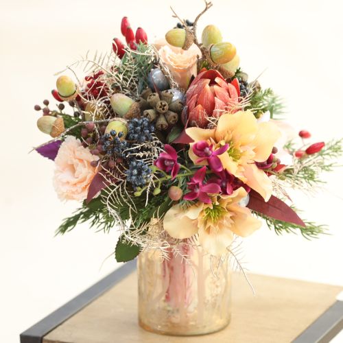 tételeket Dekoratív Protea művirág piros-narancs 34cm 3db