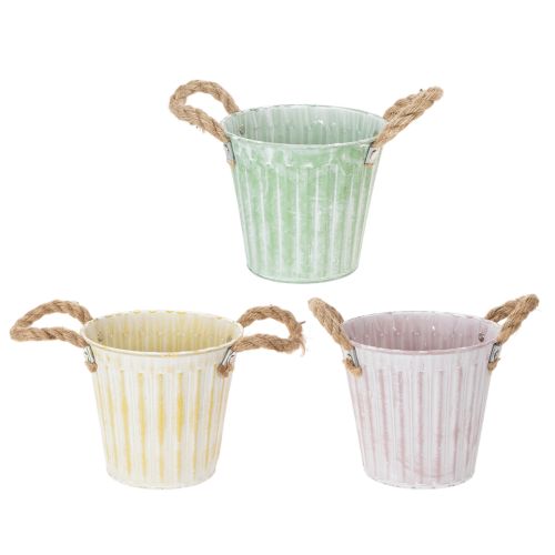 Floristik24 Dekoratív kaspó, fém vödör ültetéshez, ültető fülekkel, rózsaszín/zöld/sárga shabby chic Ø15cm M13cm 3 darabos szett
