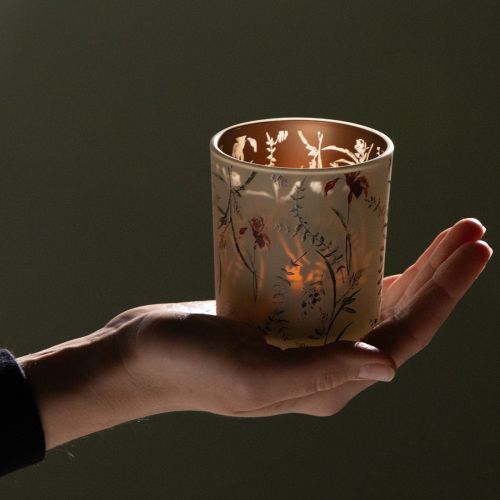 tételeket Dekoratív üveglámpás virágmotívummal hangulatos otthoni kiegészítőkhöz, 8 cm, 4 darab.