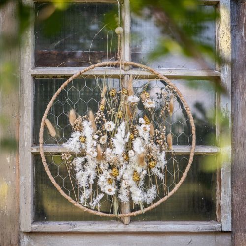 tételeket Dekoratív fémgyűrű Ø38cm, függő dekoráció, raffia, ezüst, natúr, bohém fali dekoráció, sokoldalú dekoráció, 4 darab
