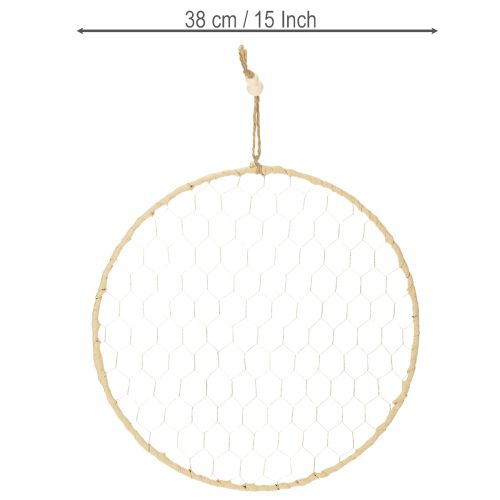 tételeket Dekoratív fémgyűrű Ø38cm, függő dekoráció, raffia, ezüst, natúr, bohém fali dekoráció, sokoldalú dekoráció, 4 darab