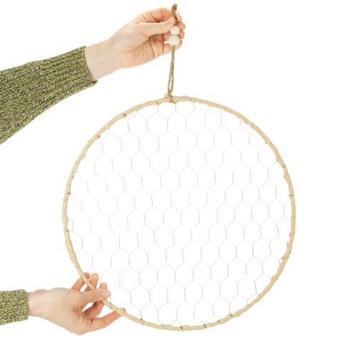 tételeket Dekoratív fémgyűrű Ø38cm, függő dekoráció, raffia, ezüst, natúr, bohém fali dekoráció, sokoldalú dekoráció, 4 darab
