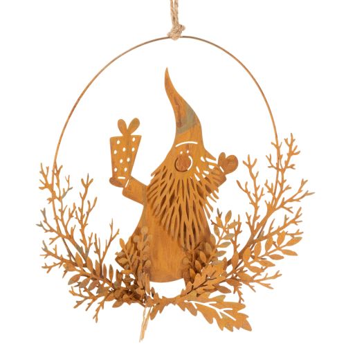 Karácsonyi díszgyűrű, rénszarvas gyűrűben, Mikulás ajándékkal, fém díszítés, rozsdás felület, Ø18cm, 2 db-os szett | Floristik24.hu