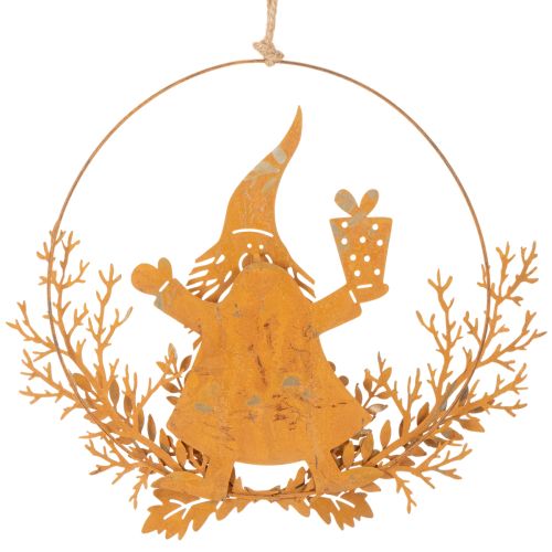 Karácsonyi díszgyűrű, rénszarvas gyűrűben, Mikulás ajándékkal, fém díszítés, rozsdás felület, Ø18cm, 2 db-os szett | Floristik24.hu