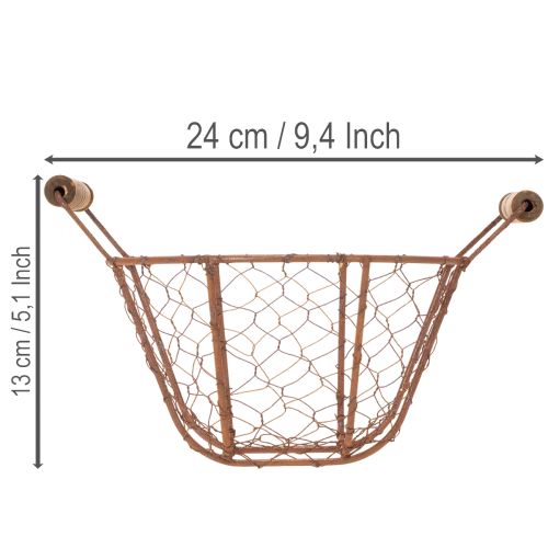 Drótkosár, fémkosár fogantyúval, fa, rozsda, dekoratív, Ø18cm | Floristik24.hu