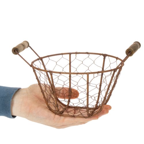 Drótkosár, fémkosár fogantyúval, fa, rozsda, dekoratív, Ø18cm | Floristik24.hu