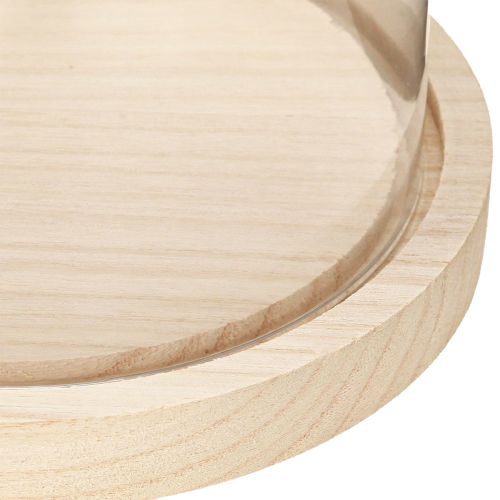 tételeket Üvegharang fa tálcán, üvegedény, átlátszó, natúr, Ø17cm, H24cm