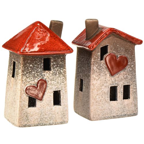 Floristik24 Szerető kerámia házak - szív alakú, piros és natúr, 17,5 cm - romantikus otthoni dekoráció, 2 db