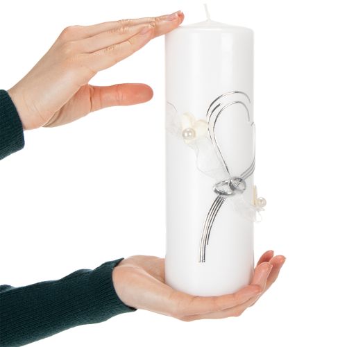 tételeket Ünnepi esküvői gyertya stílusos szív alakú mintával, ezüst díszítésekkel és organza szalaggal – ideális esküvőkre és ezüst házassági évfordulókra, 230/80 mm