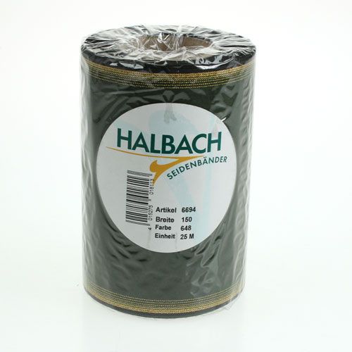 tételeket Moiré koszorú szalag, 150 mm, sötétzöld, arany gyöngy szegéllyel, taft szövés, 25 m-es tekercs dekorációhoz és designhoz