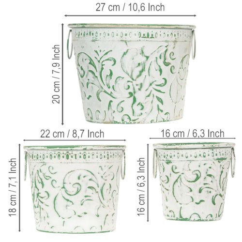Fém cserepek fülekkel, virágtartók dombornyomással, fehér, zöld, shabby chic, Ma: 20,5/18,5/16cm, Ø: 25,5/20,5/15,5cm, 3 db-os szett | Floristik24.hu