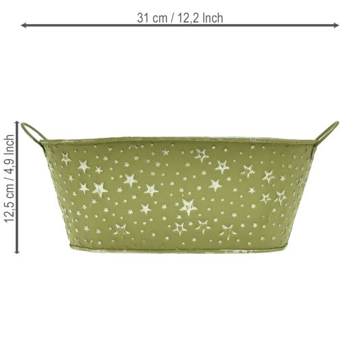 Ovális fémtál csillagokkal és fülekkel, zöld, 31×16cm, M12.5cm | Floristik24.hu
