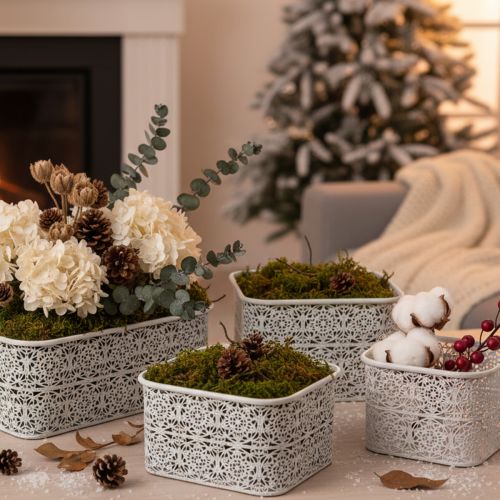 tételeket Csipkemintás fémtálak, díszes tárolóedény, szögletes, shabby chic, fehér, 27/23/19cm, M13,5cm, 3 db-os szett