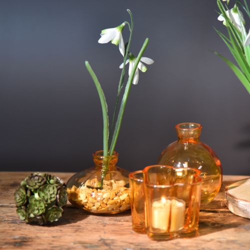 tételeket Mini üvegvázák, hagyma alakúak, laposak, narancssárga színben, Ø9cm, 6 db