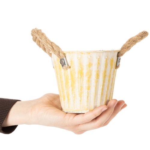 tételeket Ültetvödör, fém cserép fogantyúkkal, díszes virágtartó, rózsaszín/zöld/sárga, shabby chic, Ø12cm, M10cm, 3 db-os szett