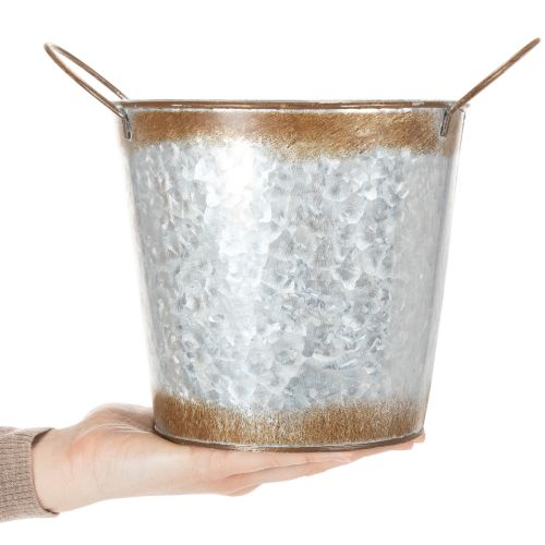 tételeket Fém virágtartó, virágtál, kaspó ezüst fogantyúkkal, antikolt acél felülettel, Ø18cm M20cm