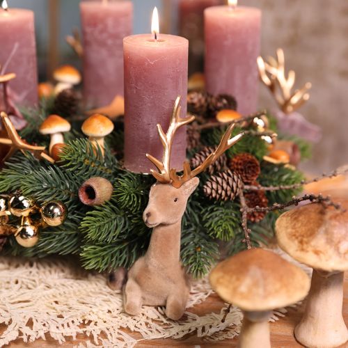 tételeket Ülő szarvas dekoráció világosbarna színű pelyhesített 15×6×15,5cm 3db