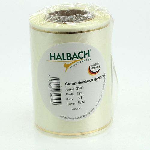 tételeket Krémszínű koszorú szalag arany szegéllyel, szuperszatin, 125 mm széles, 25 m hosszú - Vízálló, ideális számítógépes nyomtatáshoz és környezetbarát