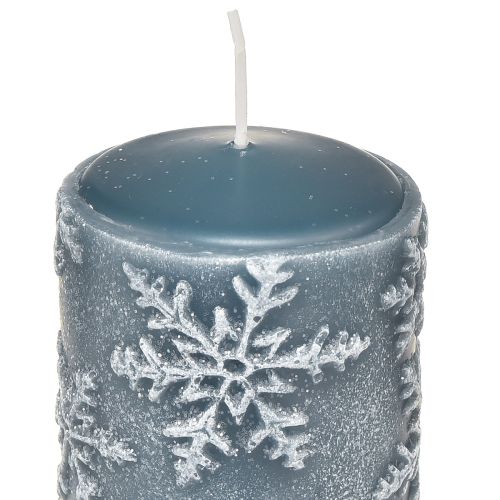 Floristik24 Oszlopos gyertyák kék gyertyák hópelyhek 100/65mm 4 db