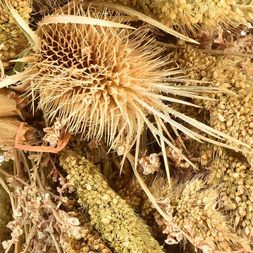 tételeket Dekoratív szárított koszorú rózsákkal és kölessel sárga-olíva zöld színben, természetes vidéki stílusban, Ø28cm, sokoldalú fali és asztali dekoráció.