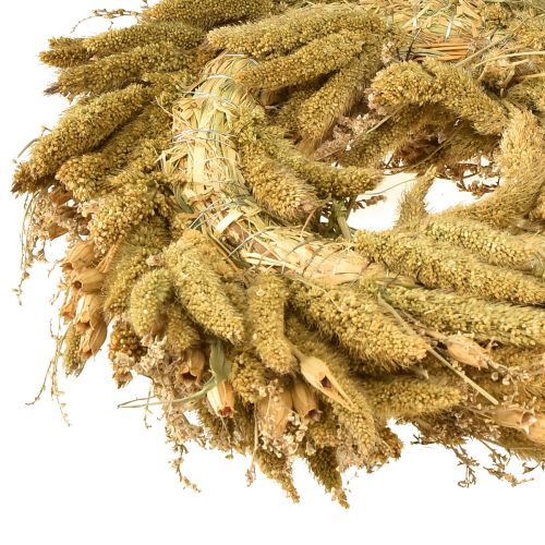 tételeket Dekoratív szárított koszorú rózsákkal és kölessel sárga-olíva zöld színben, természetes vidéki stílusban, Ø28cm, sokoldalú fali és asztali dekoráció.