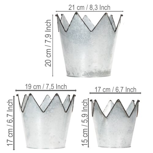 Virágtartó korona fém díszes cink Ø21.5/19.5/17cm 3 db-os szett | Floristik24.hu