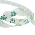 Floristik24 Dekoratív szalag hópelyhekkel fehér, zöld 15mm 15m
