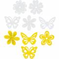 Floristik24 Virágok és pillangók szórni sárga, fehér fa szórni dekoráció tavaszi dekoráció 72db