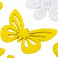 Floristik24 Virágok és pillangók szórni sárga, fehér fa szórni dekoráció tavaszi dekoráció 72db