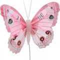 Floristik24 Dekoratív pillangók rózsaszín tollas pillangó dróton 7,5cm 6db