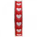 Floristik24 Dísz szalag szívek, esküvői dekoráció, szalag Valentin napi piros, fehér 15mm 20m