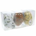 Floristik24 Akasztható húsvéti tojás motívummal és tollal fehér, barna, sárga válogatott 3db