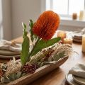 Művirág Banksia Narancs őszi dekoráció temetési virágok 64cm | Floristik24.hu
